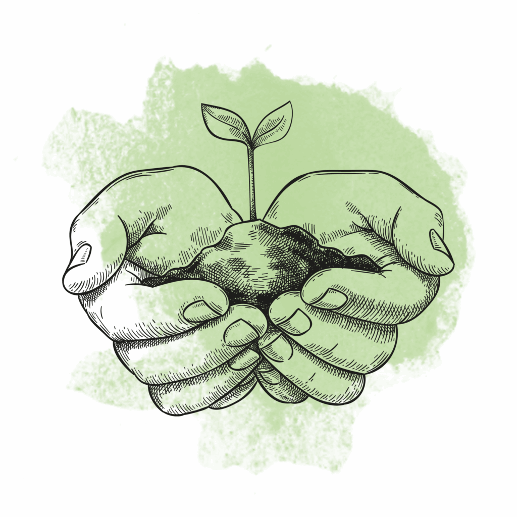 Gezeichnete Hände, die etwas Erde mit einem Spross halten auf einem grünen Aquarell-Kleks