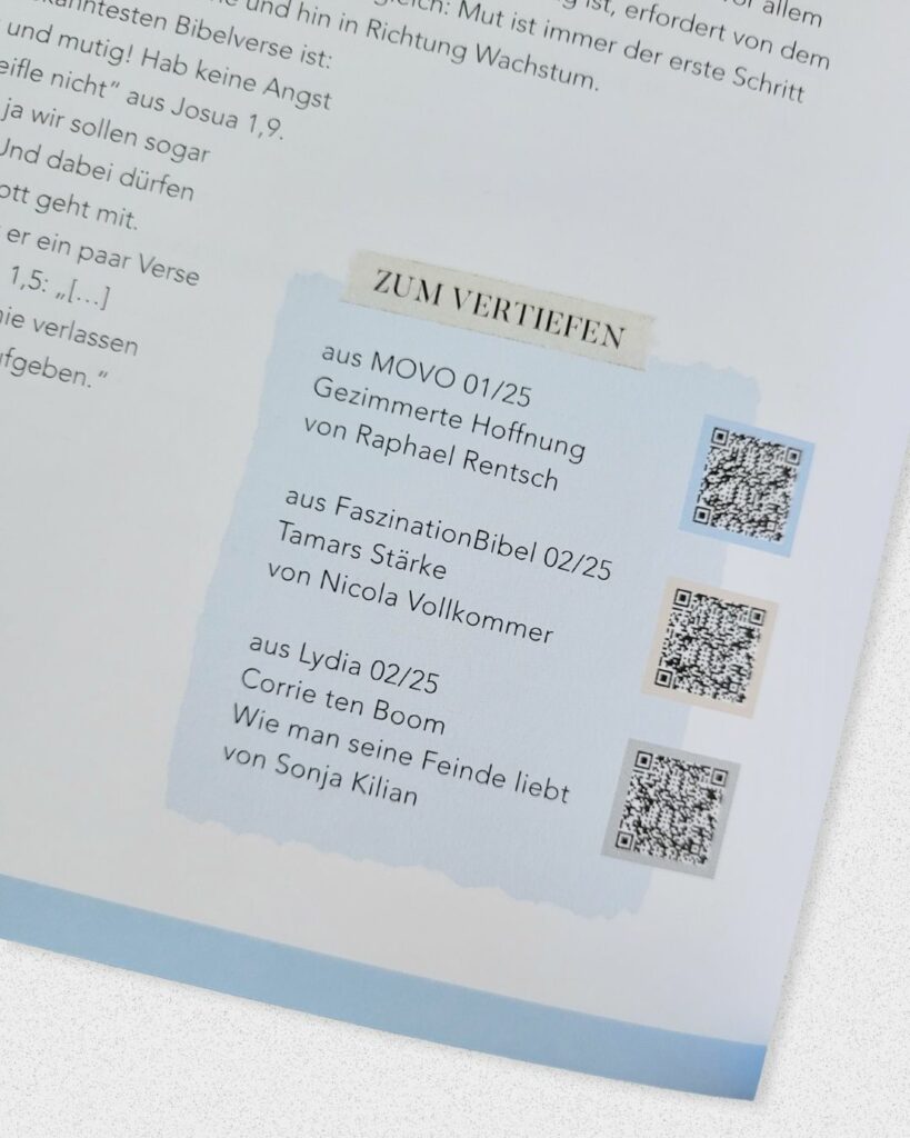Nahaufnahme von dem Bereich, wo im Journal QR Codes sind, damit man weitere Artikel lesen kann
