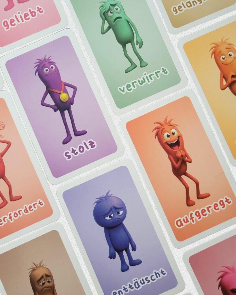 Einzelne Karten vom Gefuehlskartenset nebeneinander ausgebreitet