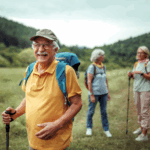 Wandergruppe aus drei älteren Personen stehen in der Natur
